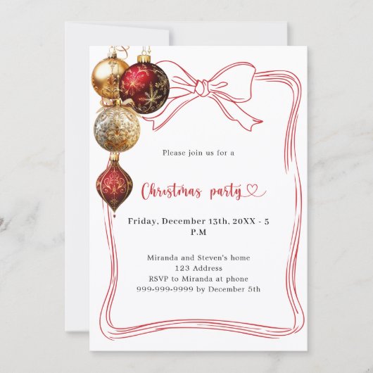Invitation Noeud rouge baubles dorés Fête de Noël (Devant)