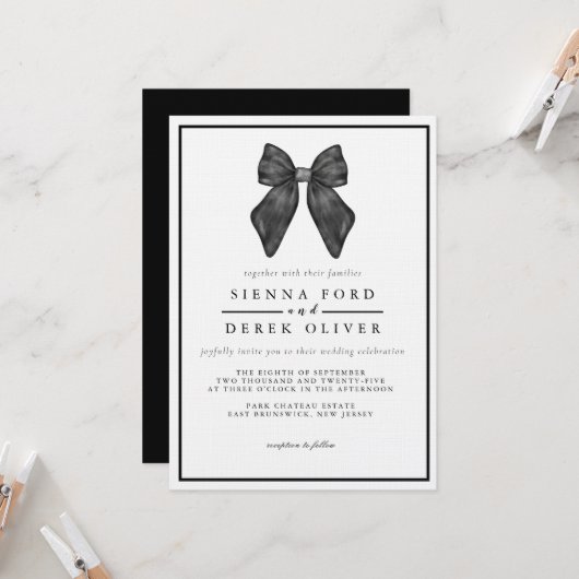 Invitation Nœud Ruban Mariage Classique Noir & Blanc (Devant/Arrière en situation)