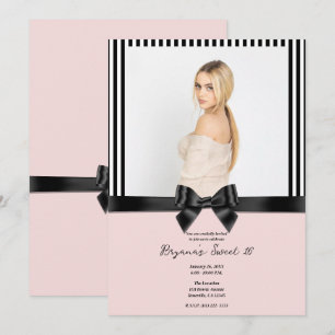 Invitation Nœud Ruban Noir Rayures Blush Rose Photo Sweet 16