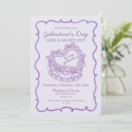 Invitation Nœud Violet Rétro Cœur Coquette Gâteau Galentine (Debout devant)