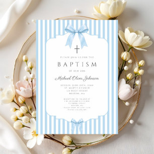 Invitation Nœuds Coquette Bleu Élégant Baptême Garçon