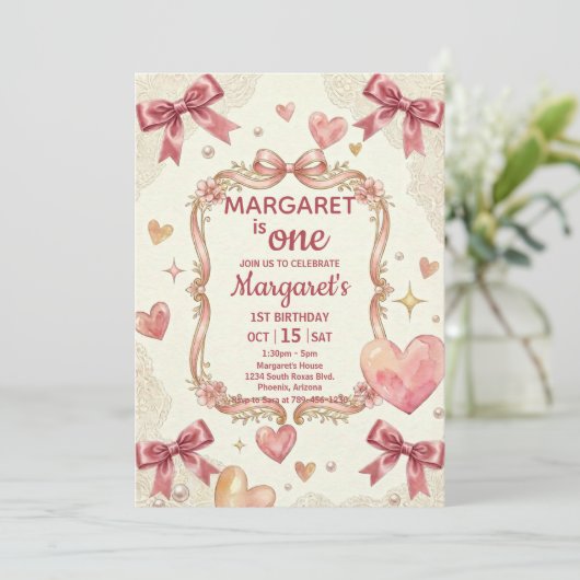 Invitation Nœuds Coquette Rose Anniversaire (Debout devant)