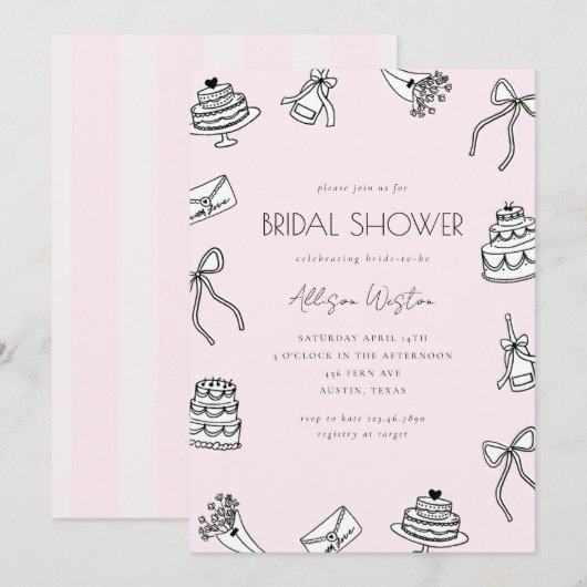 Invitation Nœuds Rose Chic Gâteaux et Champagne Shower de Mar (Devant / Derrière)
