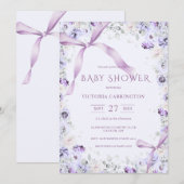 Invitation Nœuds Violets & Fleurs Élégant Bébé (Devant / Derrière)