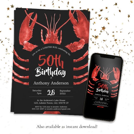 Invitation Noir 50e anniversaire Homard Fruits de mer été per