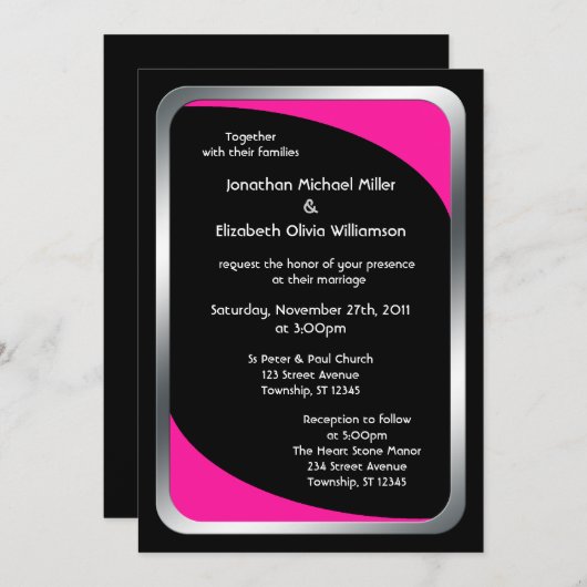 Invitation Noir alternatif avec Mariage rose chaud (Devant / Derrière)