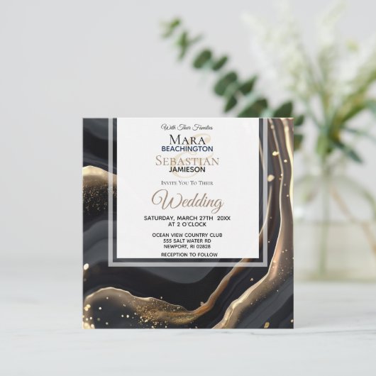 Invitation ~ Noir AR66 RSVP marbre d'agate QR Mariage (Debout devant)