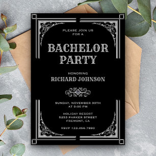 Invitation Noir Argent Art Déco Enterrement de Vie de Garçon