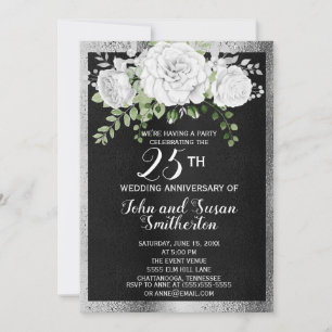 Invitation Noir Argent Blanc Floral 25e Anniversaire de Maria