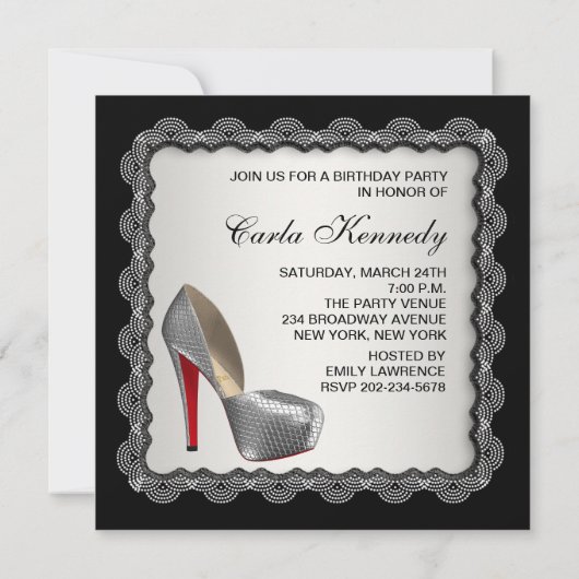 Invitation Noir & Argent Chaussure haute talon fête d'anniver (Dos)