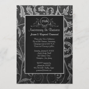 Invitation Noir - Argent Damask 25e anniversaire d'affaires