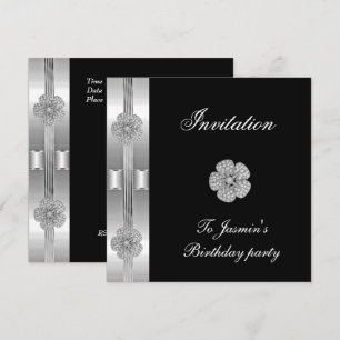 Invitation Noir Argent Diamant Fleur Bijou