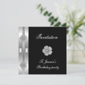 Invitation Noir Argent Diamant Fleur Bijou (Debout devant)