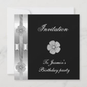 Invitation Noir Argent Diamant Fleur Bijou (Devant)