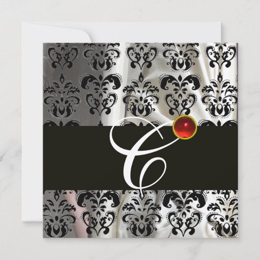 INVITATION NOIR ARGENT TISSU DAMASSÉ MONOGRAMME  RUBIS ROUGE (Devant)