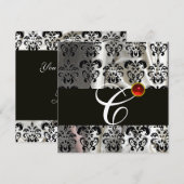 INVITATION NOIR ARGENT TISSU DAMASSÉ MONOGRAMME  RUBIS ROUGE (Devant / Derrière)