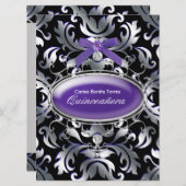 Invitation Noir Argent Violet Damas Violet Quinceanera (Devant / Derrière)