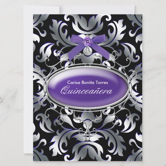 Invitation Noir Argent Violet Damas Violet Quinceanera (Devant)