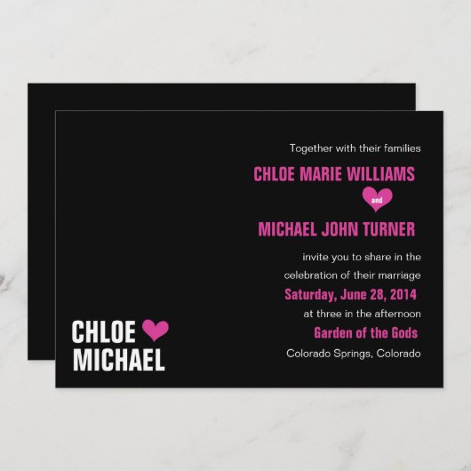 Invitation - Noir aux coeurs roses (Devant / Derrière)