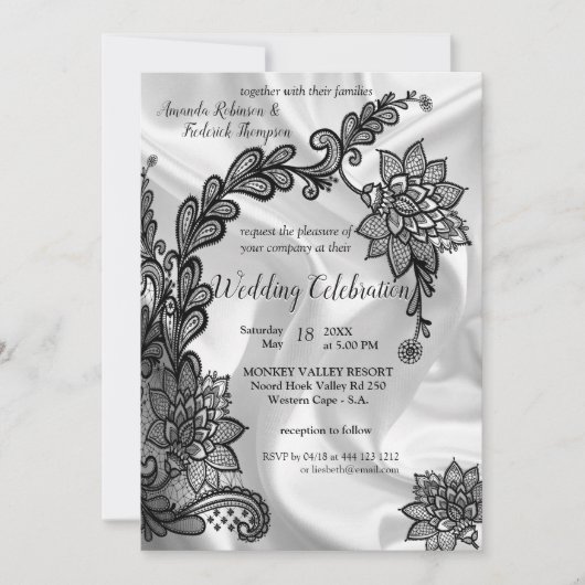 Invitation Noir avec argent sur Champagne Mariage en soie Inv (Devant)