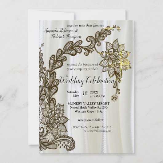Invitation Noir avec argent sur Champagne Mariage en soie Inv (Devant)