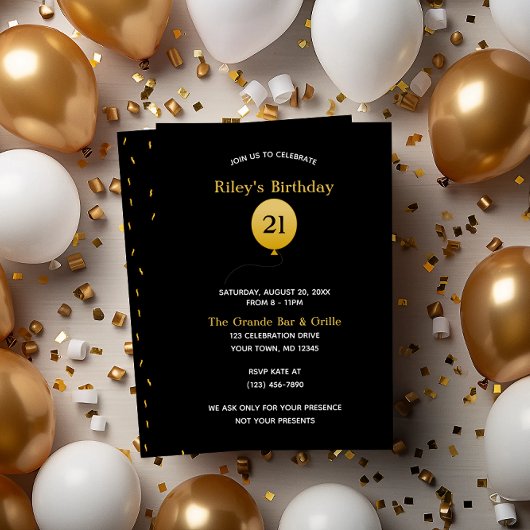 Invitation Noir avec ballon d'or et Confetti Anniversaire