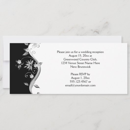 Invitation Noir avec Fleurs d'Argent Ornat Réception (Dos)