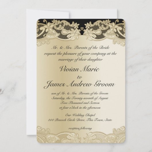 Invitation Noir avec Mariage Floral Or (Devant)