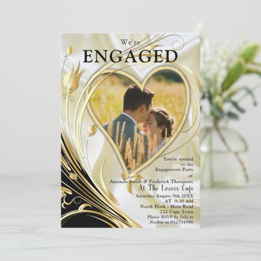 Invitation Noir avec or sur Champagne Fiançailles en soie (Debout devant)