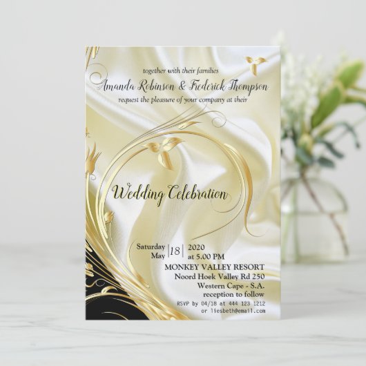 Invitation Noir avec or sur Champagne Mariage en soie (Debout devant)