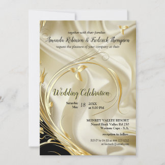 Invitation Noir avec or sur Champagne Mariage en soie Invitat