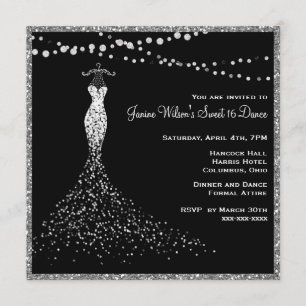 Invitation Noir avec Parties scintillant argentée Sweet 16