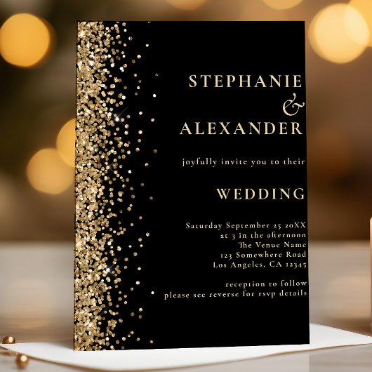 Invitation Noir avec Parties scintillant or Mariage de code Q