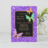 Invitation Noir avec Parties scintillant violette et papillon (Debout devant)