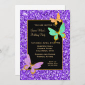 Invitation Noir avec Parties scintillant violette et papillon (Devant / Derrière)