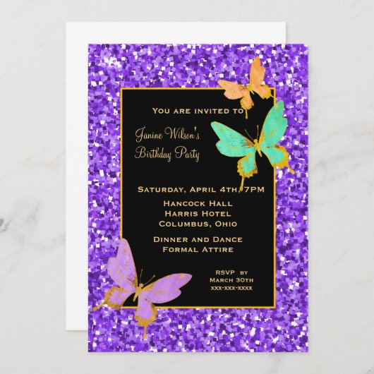 Invitation Noir avec Parties scintillant violette et papillon (Devant / Derrière)