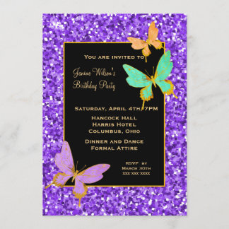 Invitation Noir avec Parties scintillant violette et papillon