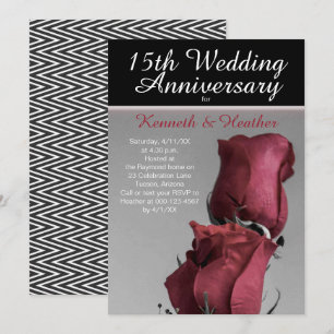 Invitation Noir Blanc 15e Anniversaire de Mariage Roses Rouge