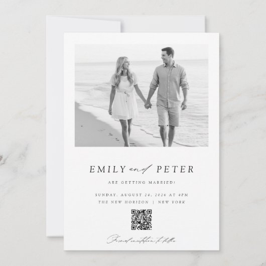 Invitation Noir & Blanc 2 Photo QR Code Enregistrer La Date (Dos)