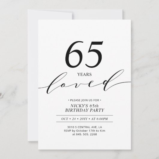 Invitation Noir & Blanc | 65 ans aimés 65e anniversaire fête (Devant)