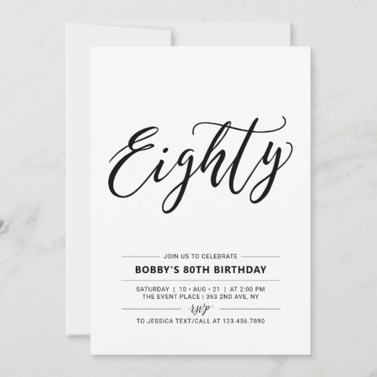 Invitation Noir & Blanc 80 minimum 80e fête d'anniversaire (Devant)
