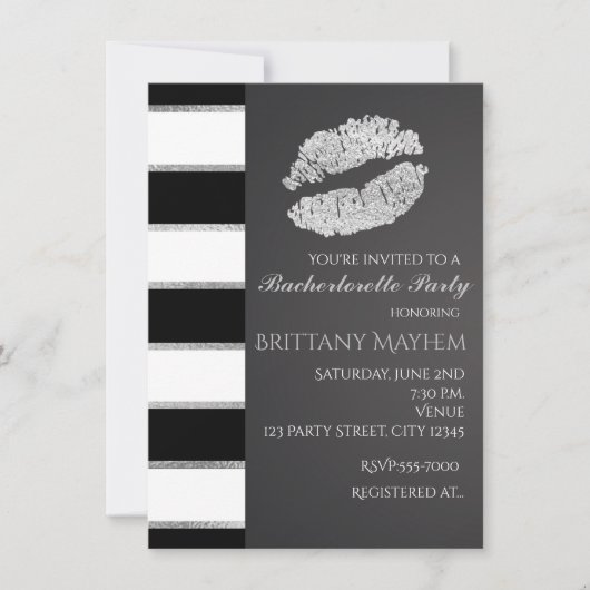 Invitation Noir Blanc & Argent Faux Brillant Lèvres Baiser Fê (Devant)