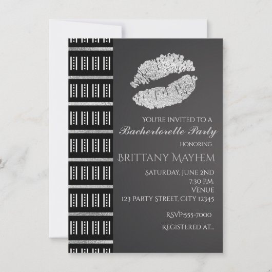 Invitation Noir Blanc & Argent Faux Brillant Lèvres Baiser Fê (Devant)