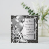 Invitation Noir Blanc Argent Haut talon Femme fête d'annivers (Debout devant)