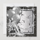 Invitation Noir Blanc Argent Haut talon Femme fête d'annivers (Dos)