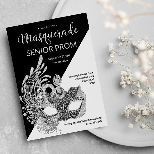 Invitation Noir Blanc Argent Paillettes Mascarade Prom