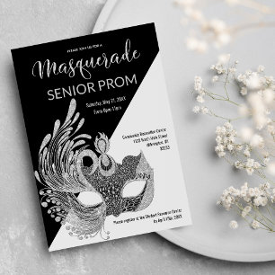 Invitation Noir Blanc Argent Paillettes Mascarade Soirée