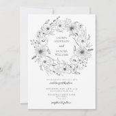 Invitation Noir Blanc Art Floral Mariage Wreath (Devant)