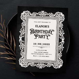 Invitation Noir blanc baroque vintage anniversaire