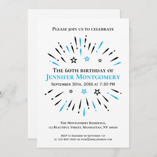 Invitation Noir Blanc Bleu 60e anniversaire Feu d'artifice (Devant / Derrière)